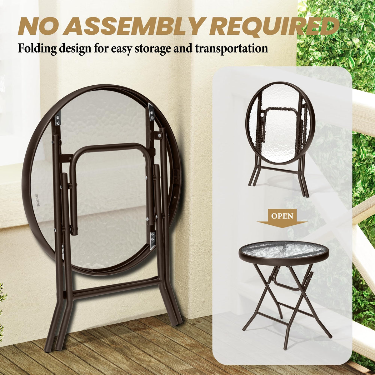 PATIOHIT tempered glass top paired with a rust-resistant frame for outdoor durability.