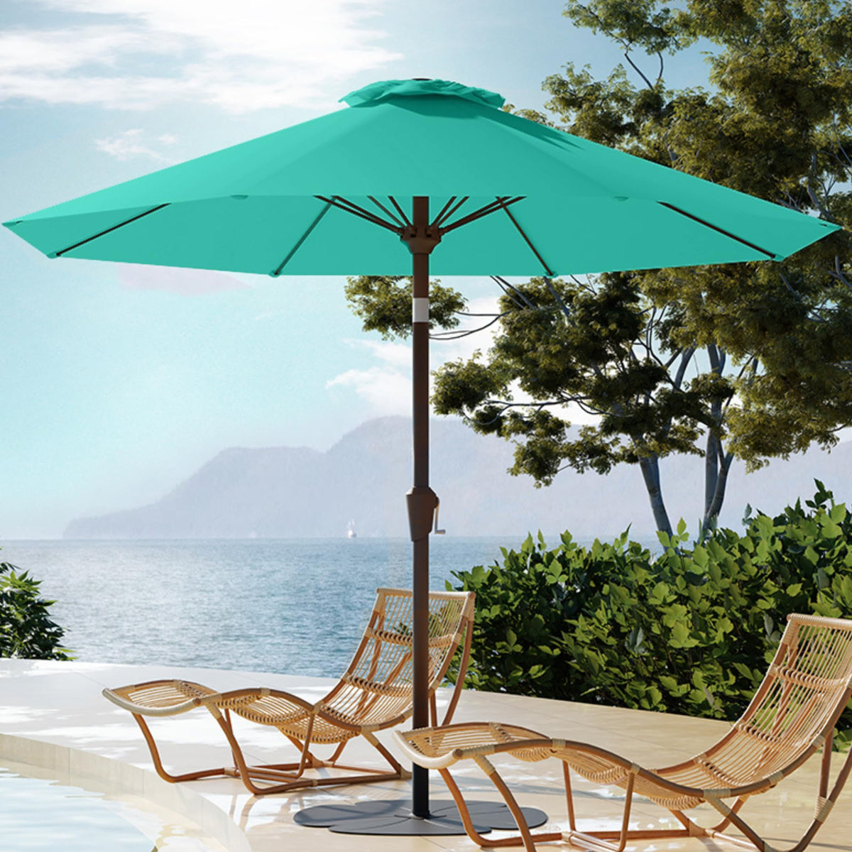 PatioKingdom Auto-Tilt 9FT umbrella in Peacock Blue provides adjustable shade.