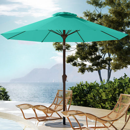 PatioKingdom Auto-Tilt 9FT umbrella in Peacock Blue provides adjustable shade.