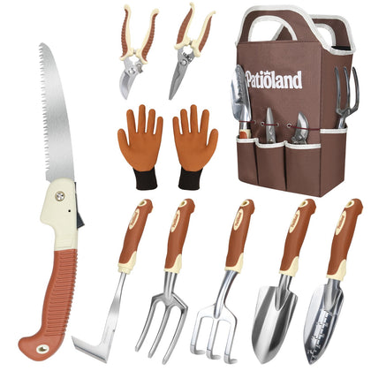 Patioland 10-piece garden tool set with curved pruning shear for precise pruning