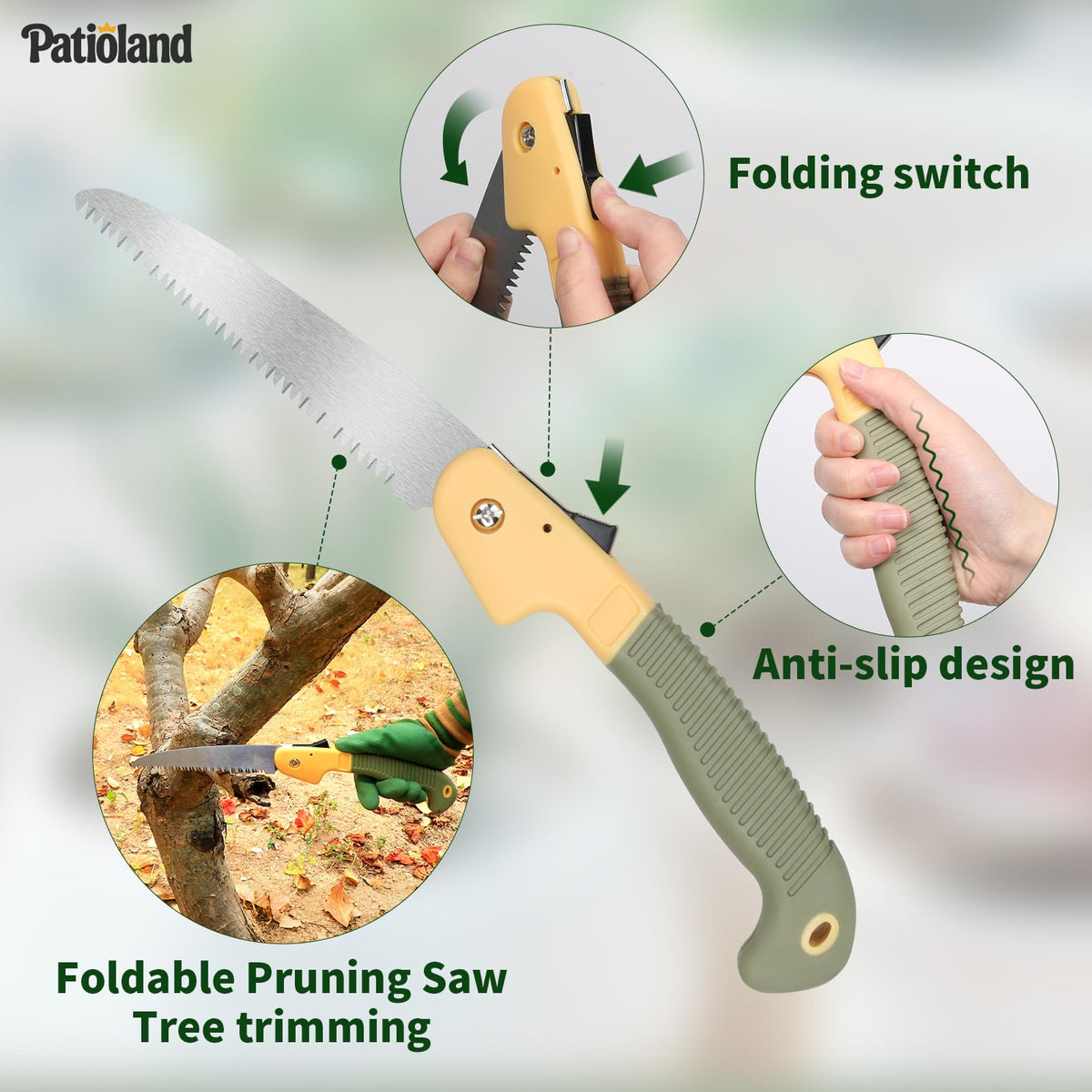 Patioland foldable pruning saw demonstrates compact portability for pruning.