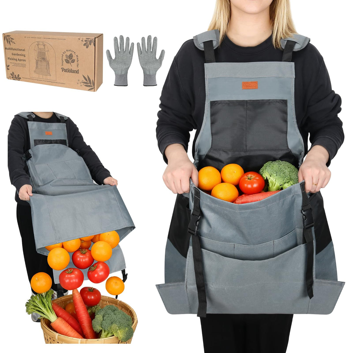 Patioland Garden Harvest Apron with large harvest pocket for easy fruit and vegetable collection