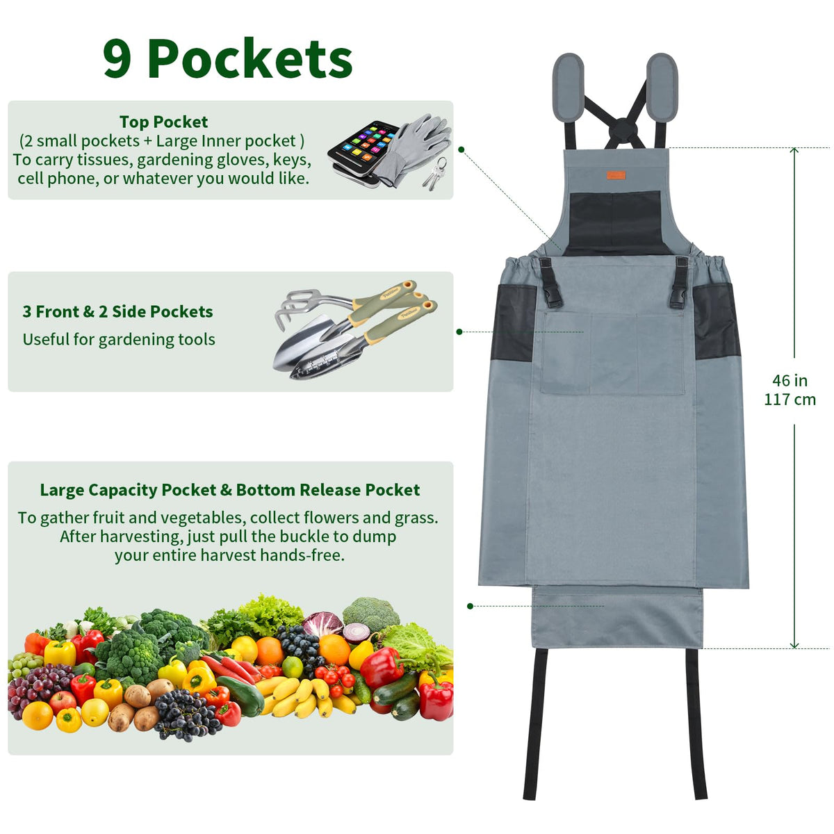 Patioland six front pockets keep tools and gloves within reach