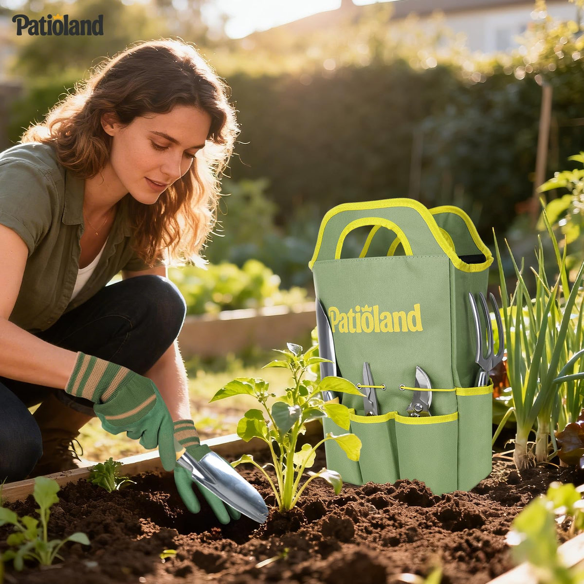 Patioland tote bag with gloves shows organized storage and easy access.