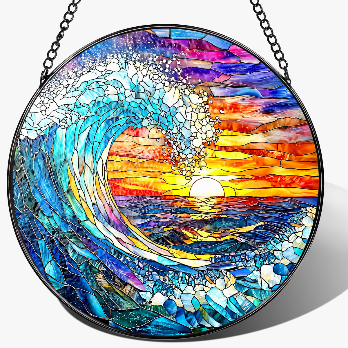 Pauwadu Sea Waves Suncatcher casts rainbow light through glass.