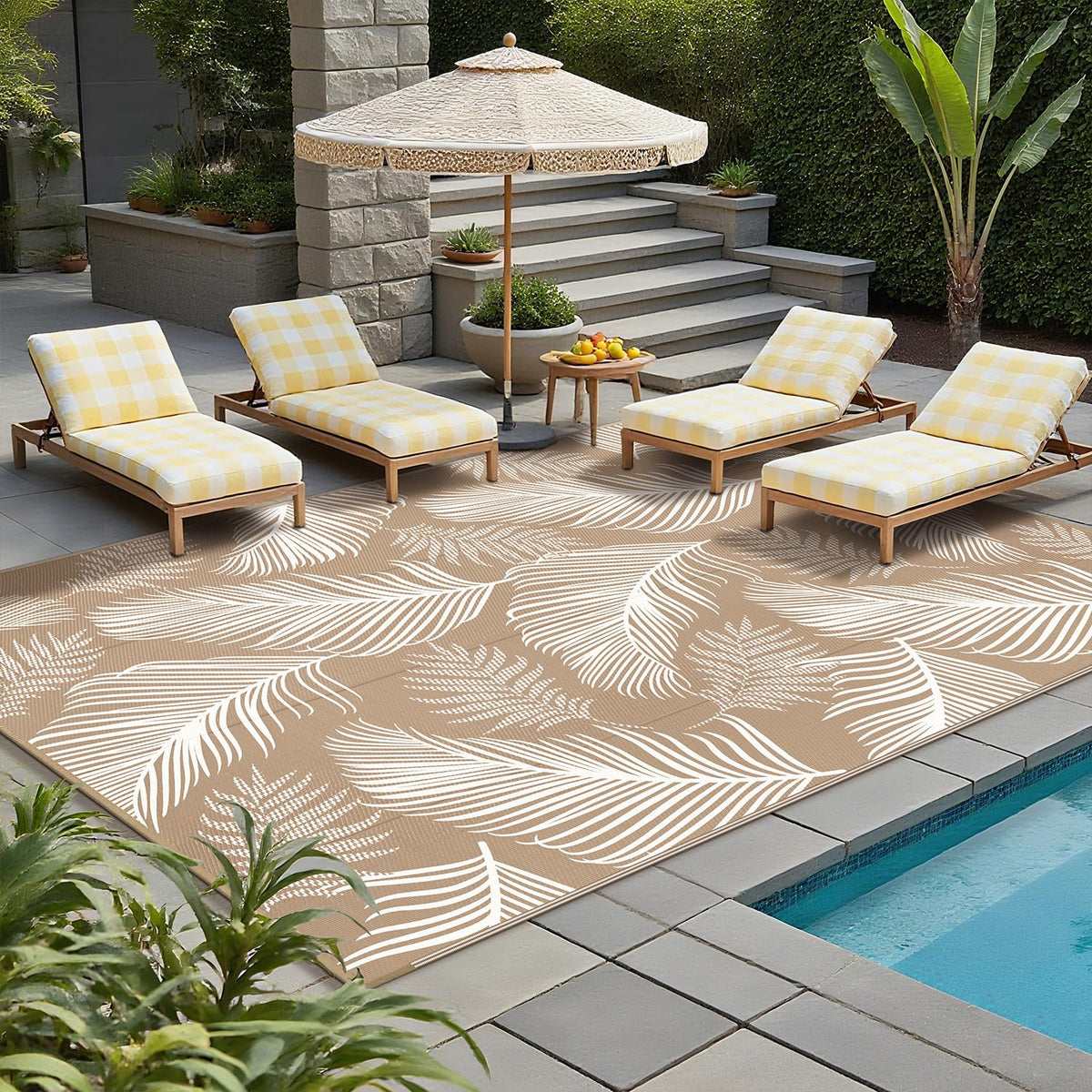 Pauwer 9x12 rug blends with garden furniture for backyard gatherings.