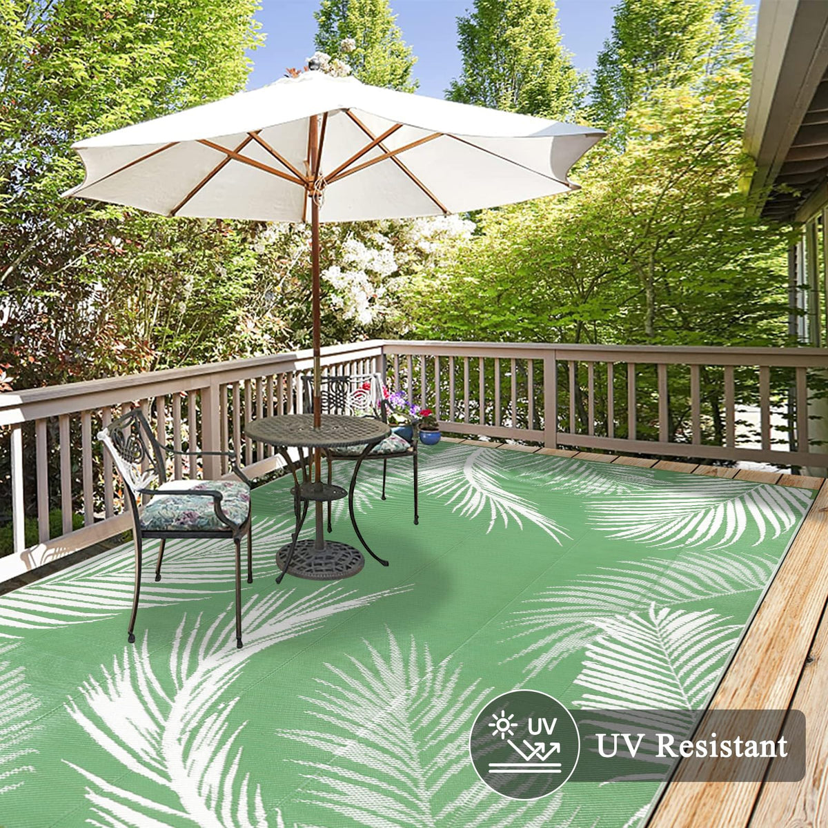 Pauwer indoor-outdoor rug shown on a balcony and garden