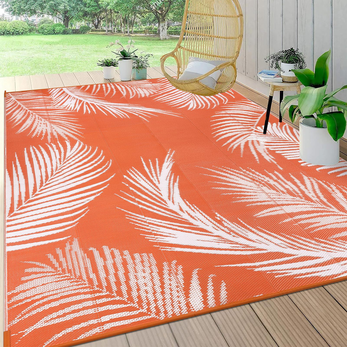 Pauwer leaf-orange outdoor rug 6x9, durable reversible design for patio decor.