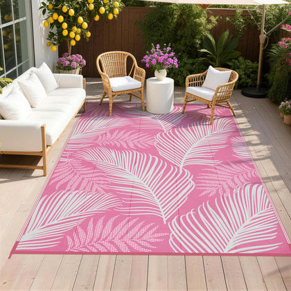 Pauwer leaf pink pattern rug adds stylish patio decor with weather-ready durability