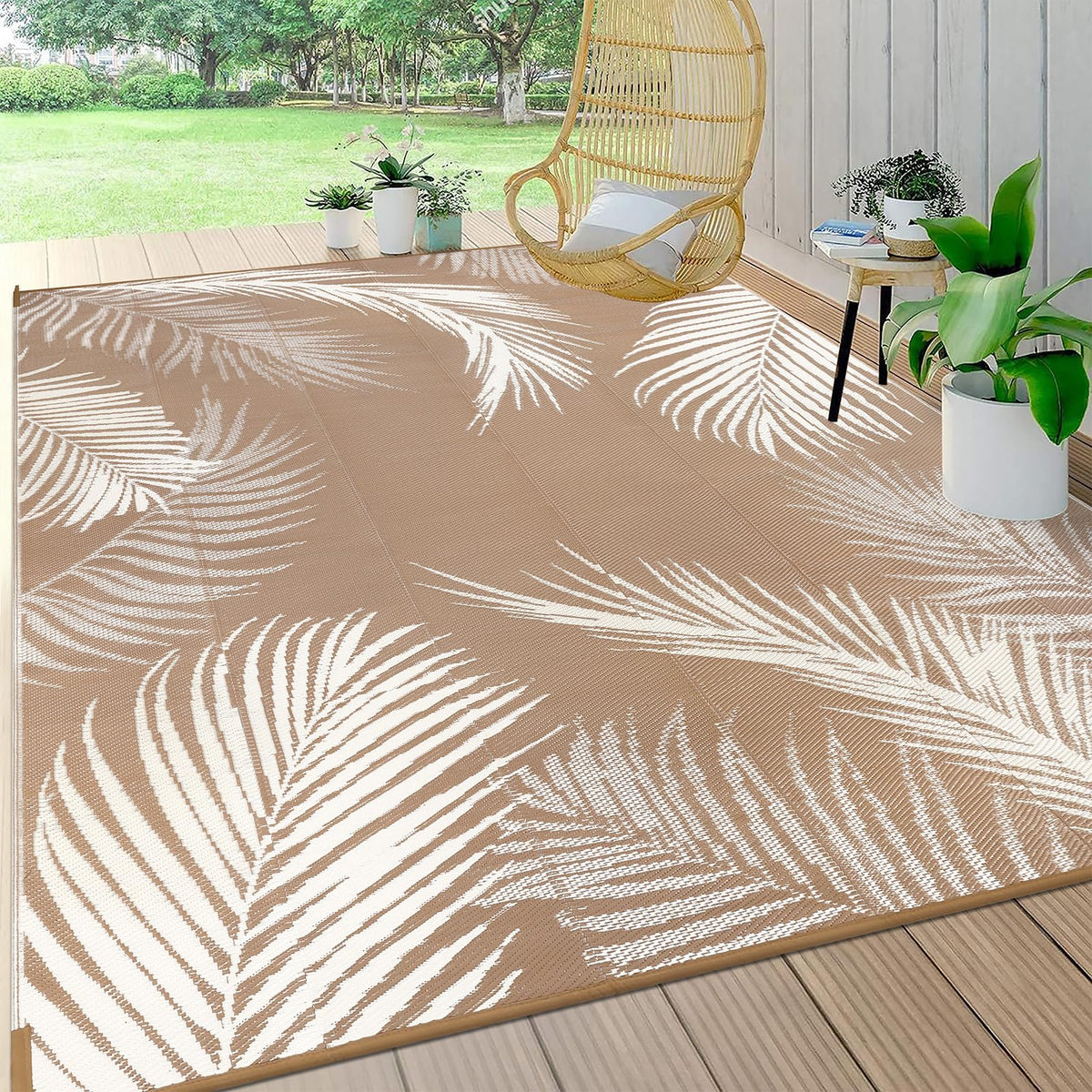 Pauwer outdoor rug 10x14 with leaf brown reversible design for versatile patio decor