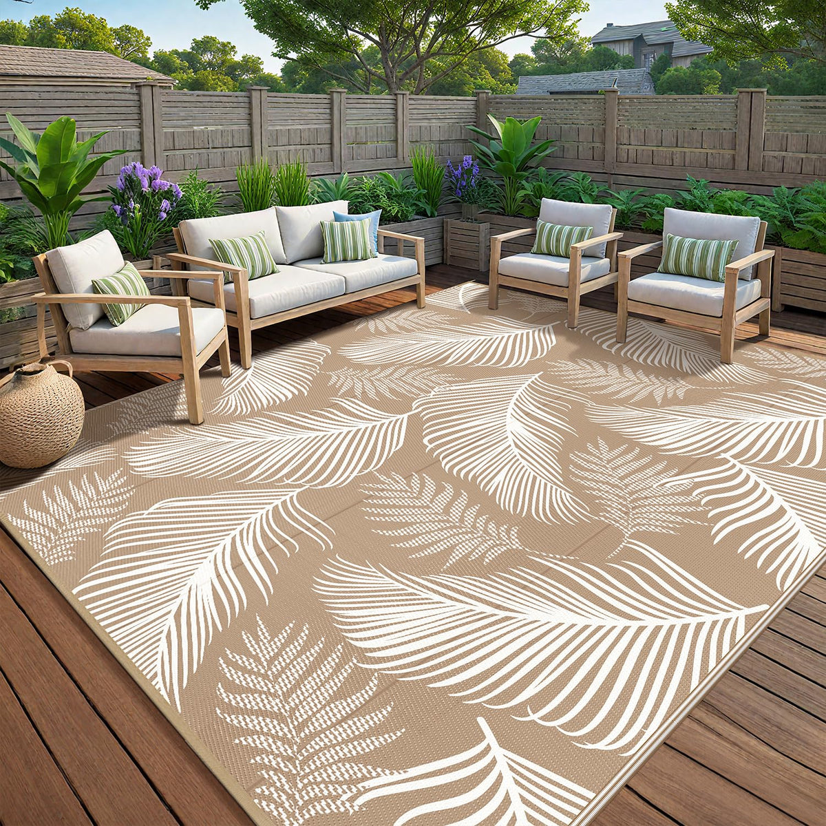 Pauwer outdoor rug on patio with leaf pattern adds charm and comfort.