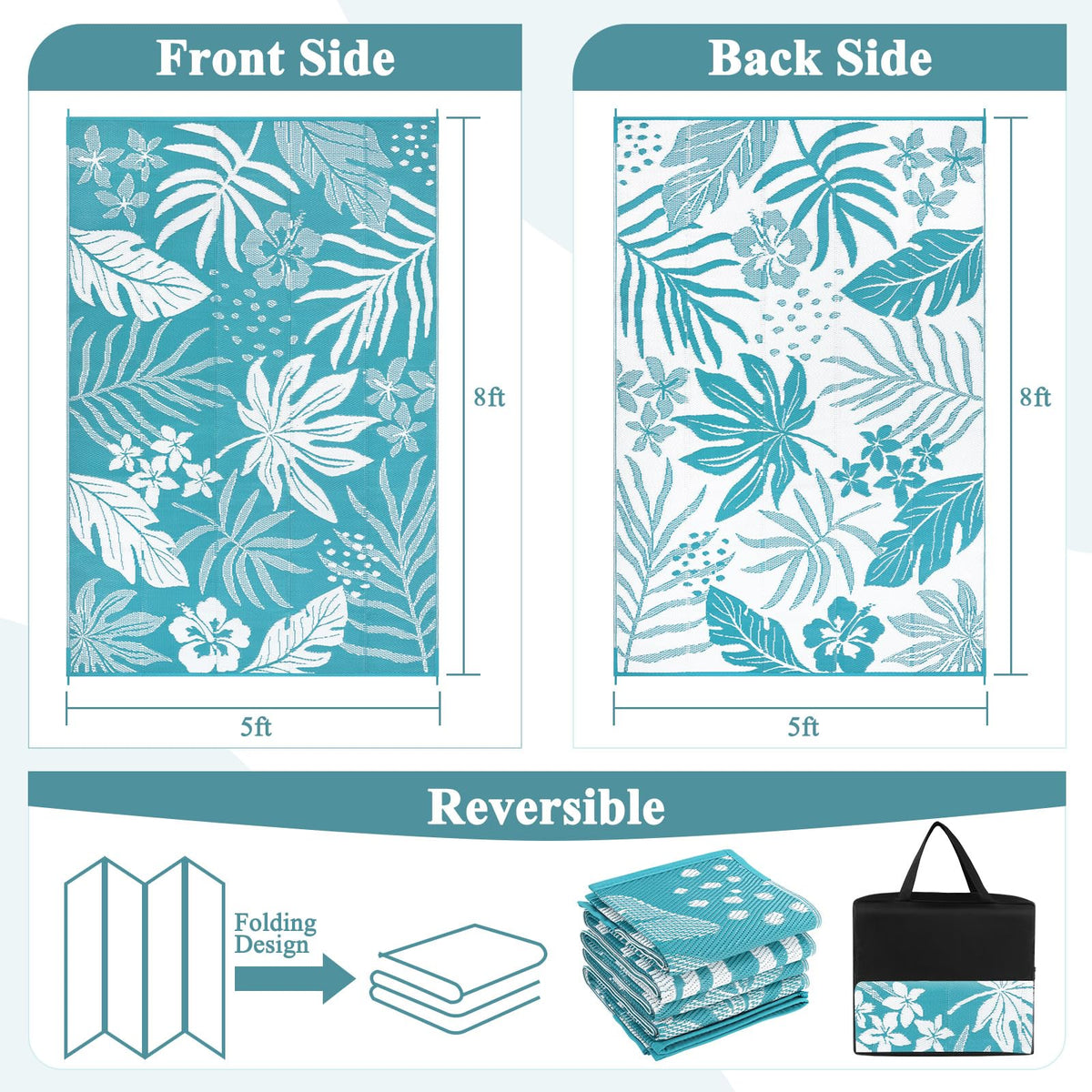 Pauwer reversible floral teal rug side A offers two outdoor styles