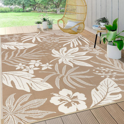 Pauwer waterproof outdoor rug 6x9 with brown floral reversible design for patio use