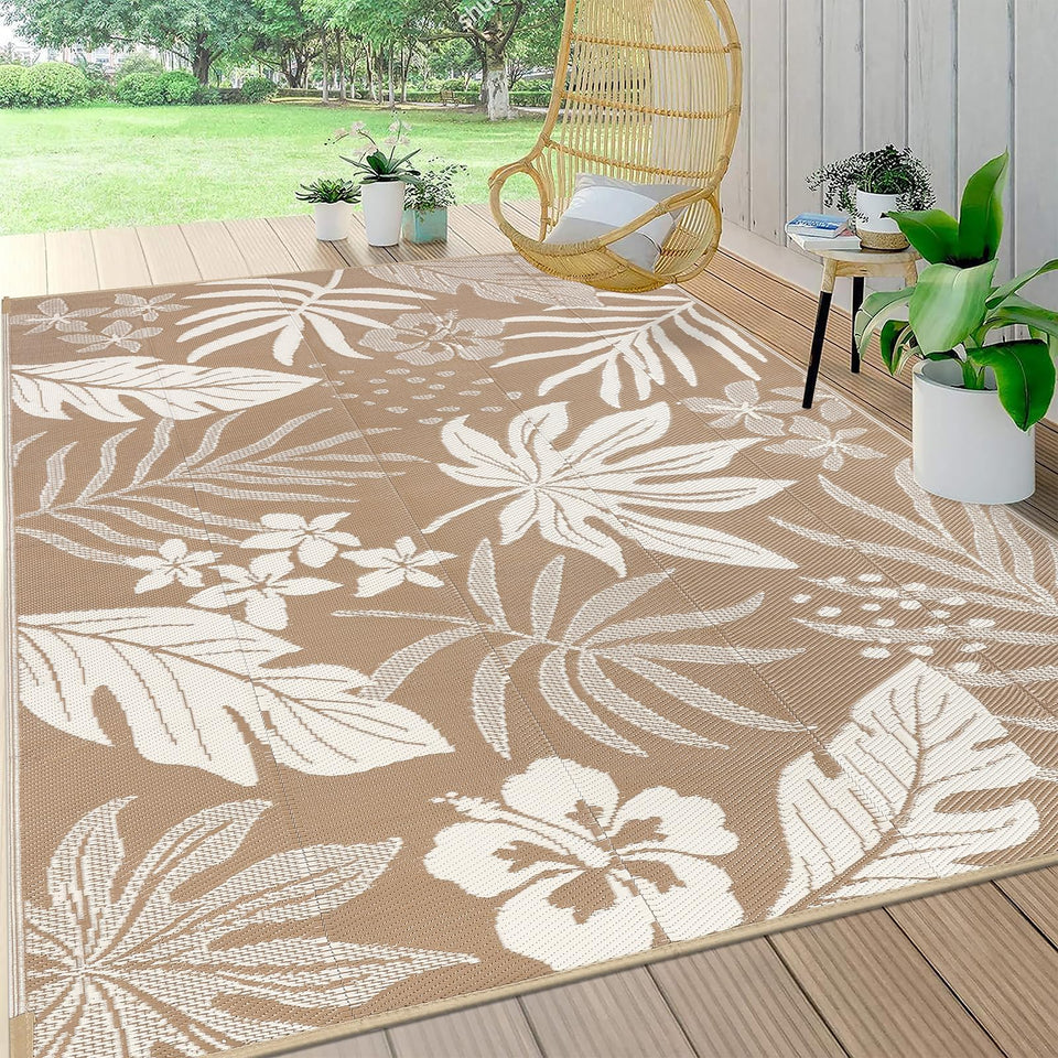 Pauwer waterproof outdoor rug 6x9 with brown floral reversible design for patio use