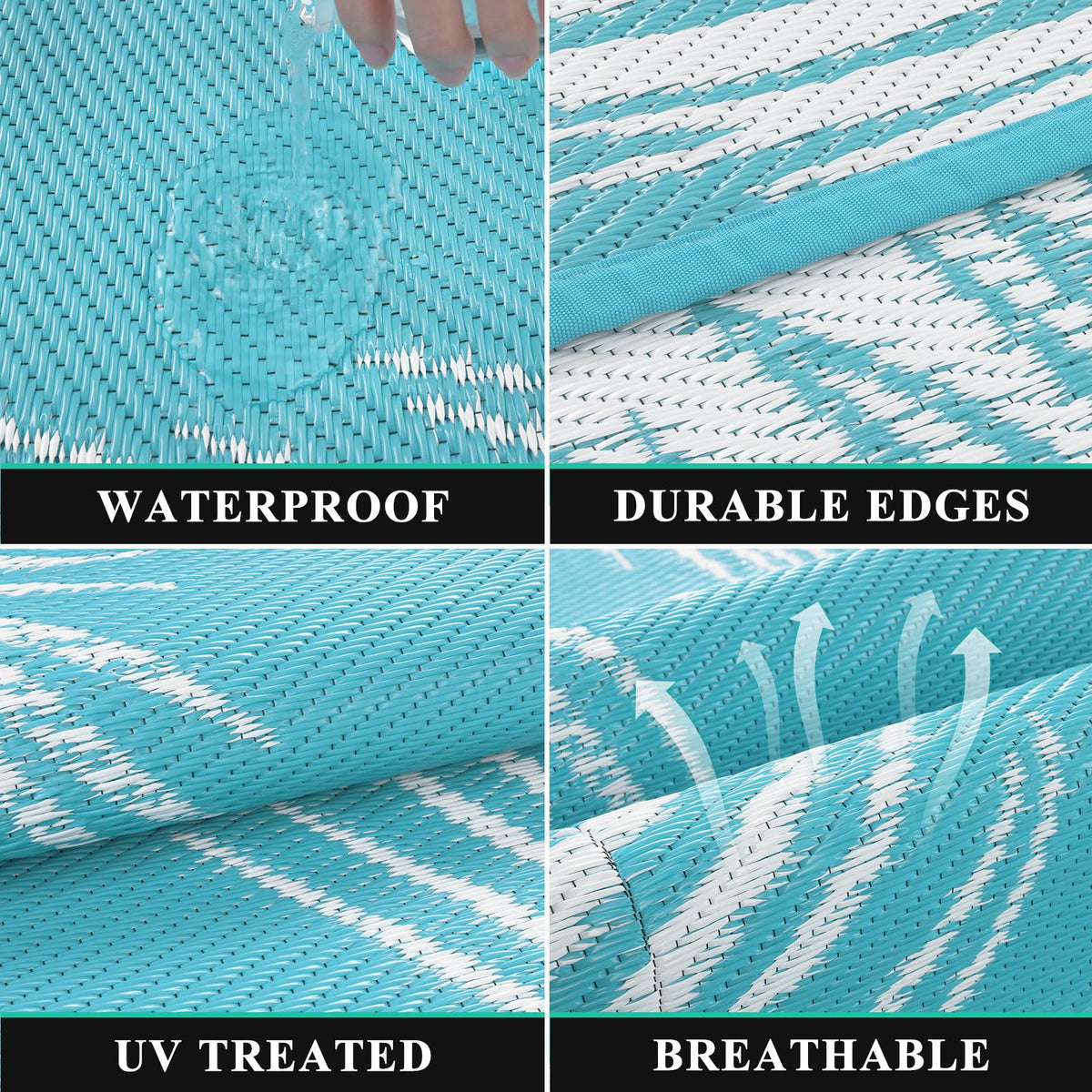 Pauwer waterproof polypropylene outdoor rug resists fading and cleans easily.
