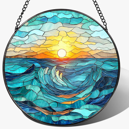 Pauyadu 8-inch beach stained glass suncatcher catches sunlight to reveal rainbow colors.