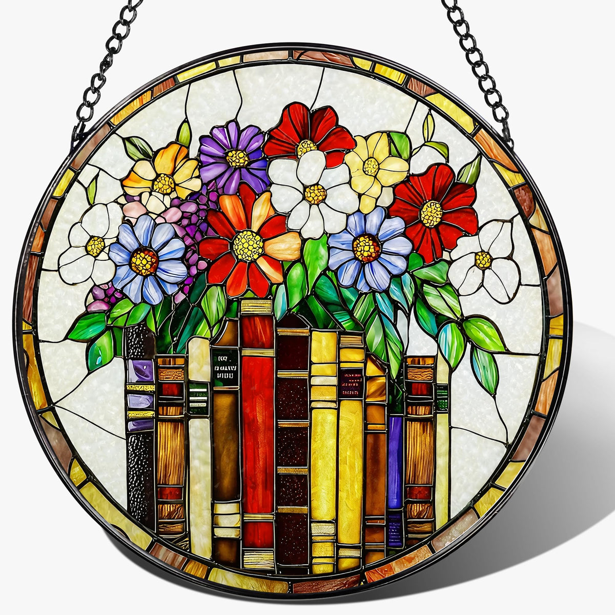 Pauyadu 8-Inch Flower Books ornament on window with rainbow light reflections