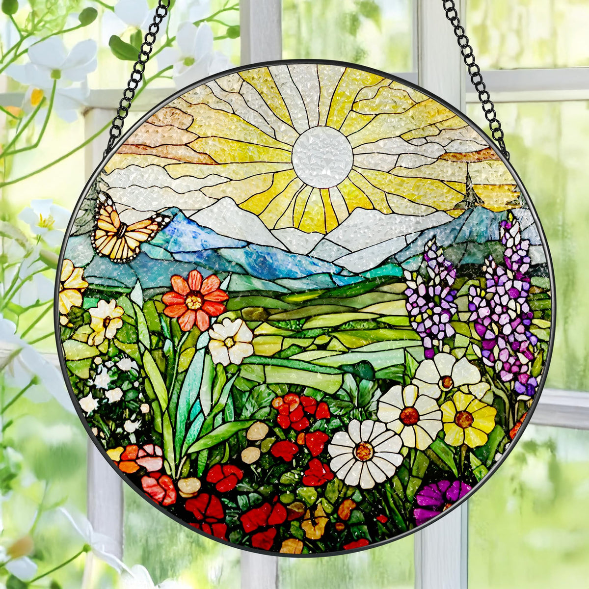 Pauyadu 8-inch mountain wildflowers suncatcher, full view, brightens windows with rainbow light.