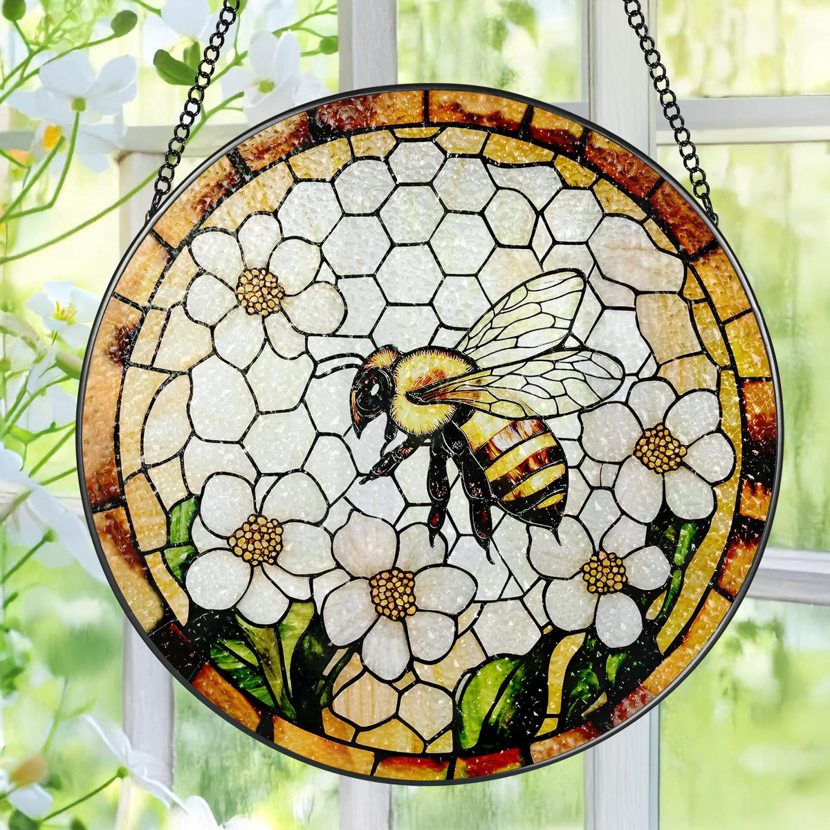 Pauyadu Bee Wildflowers suncatcher catching sunlight to create colorful rainbow patterns