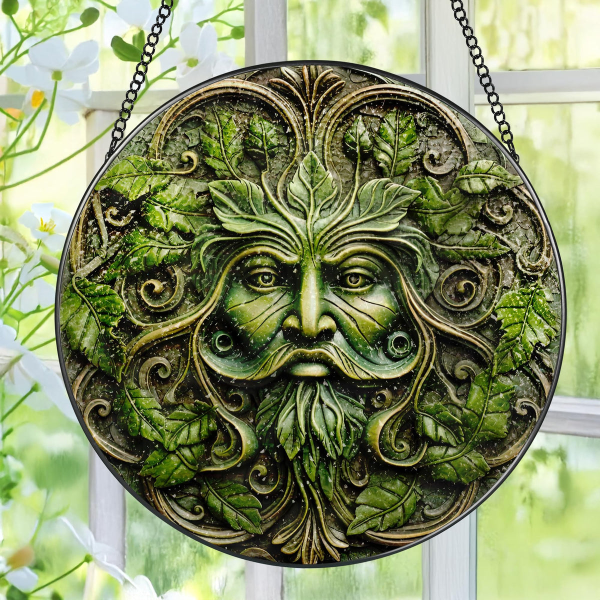 Pauyadu Green Man stained glass suncatcher 8-inch glow with rainbow light