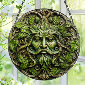 Pauyadu Green Man stained glass suncatcher 8-inch glow with rainbow light