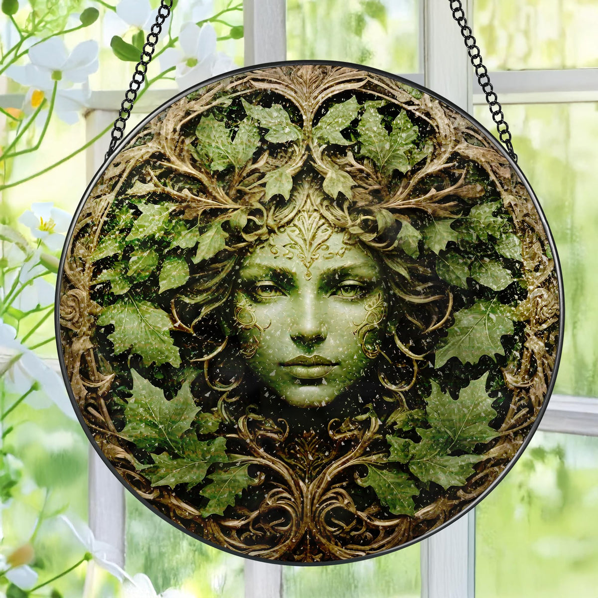 Pauyadu green man stained glass suncatcher brightens sunlit windows.