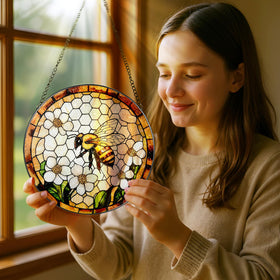 Pauyadu honey bee stained glass hung in window brightens spaces with vibrant hues