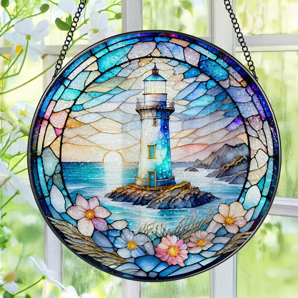 Pauyadu Lighthouse Suncatcher enhances sunlit rooms with radiant 8-inch stained glass glow.