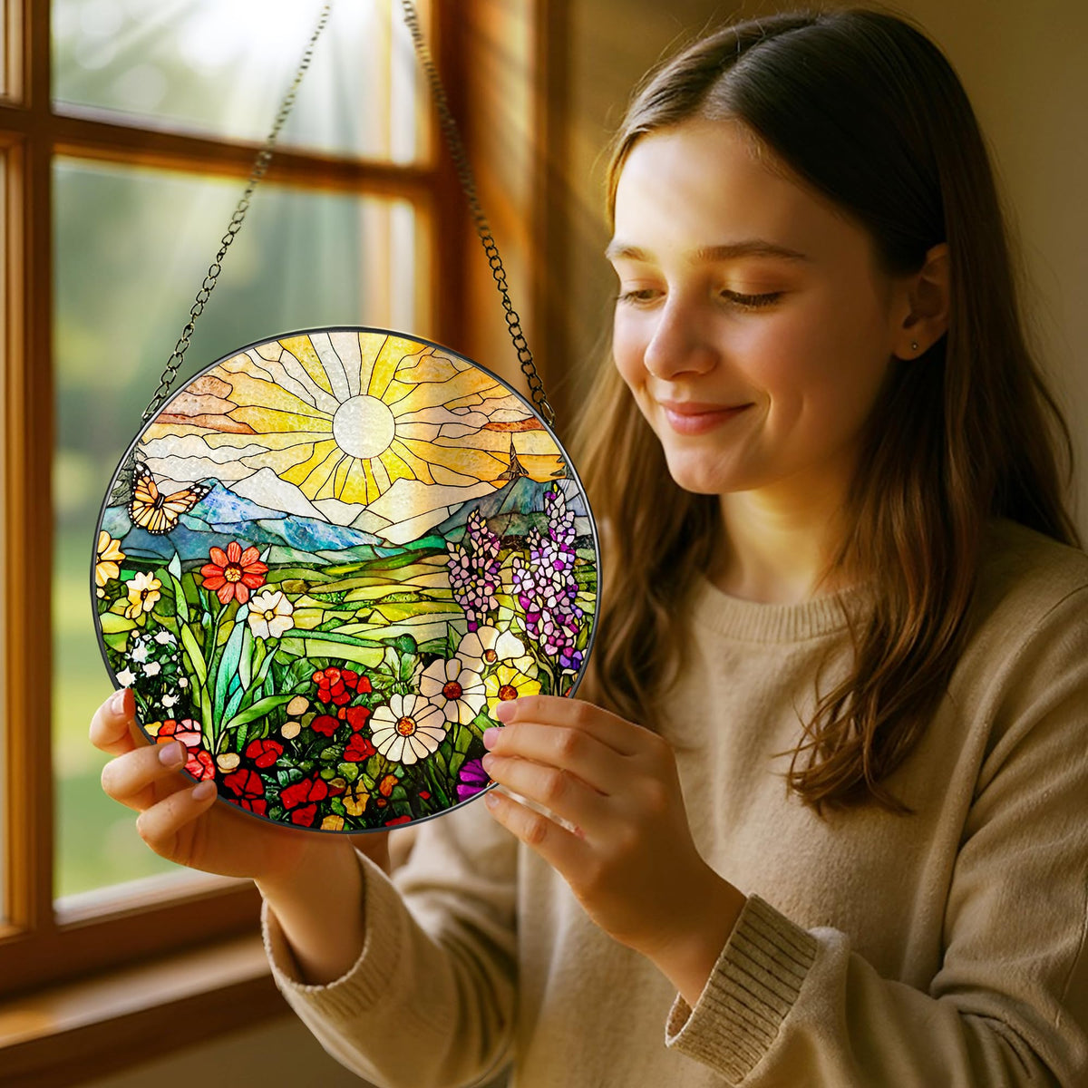 Pauyadu mountain wildflowers suncatcher closeup details, UV-printed colors that pop.