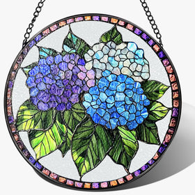 Pauyadu 8-inch blue hydrangea stained glass ornament brightens sunlit windows
