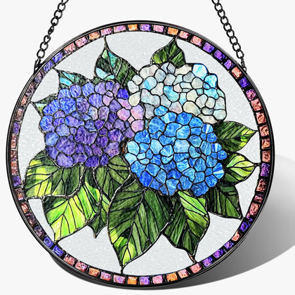 Pauyadu 8-inch blue hydrangea stained glass ornament brightens sunlit windows