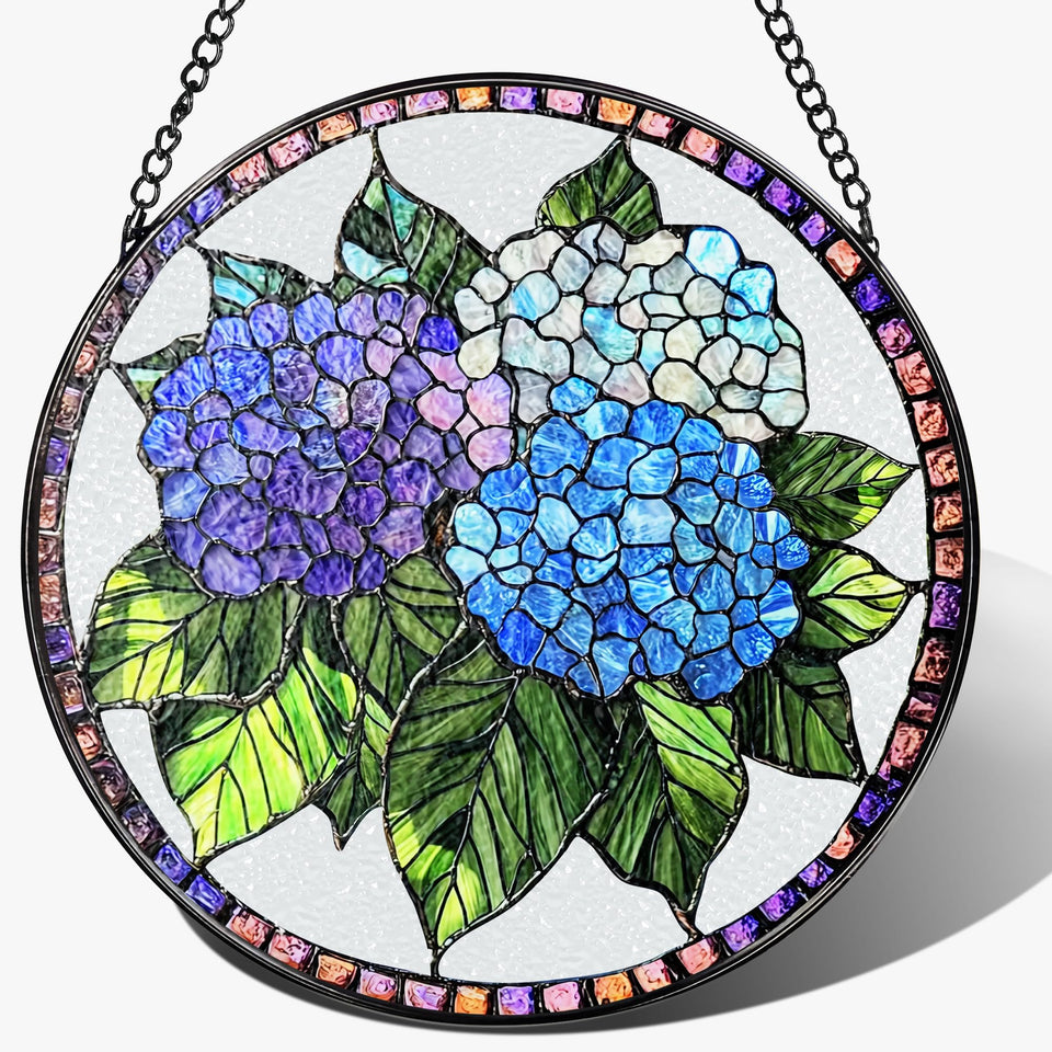 Pauyadu 8-inch blue hydrangea stained glass ornament brightens sunlit windows