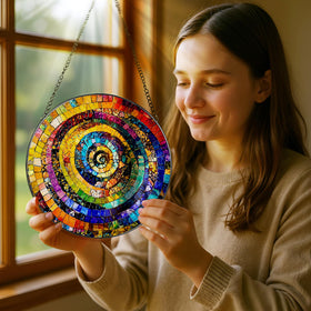 Pauyadu stained-glass suncatcher rainbow pattern enhances sunlight with prismatic hues.
