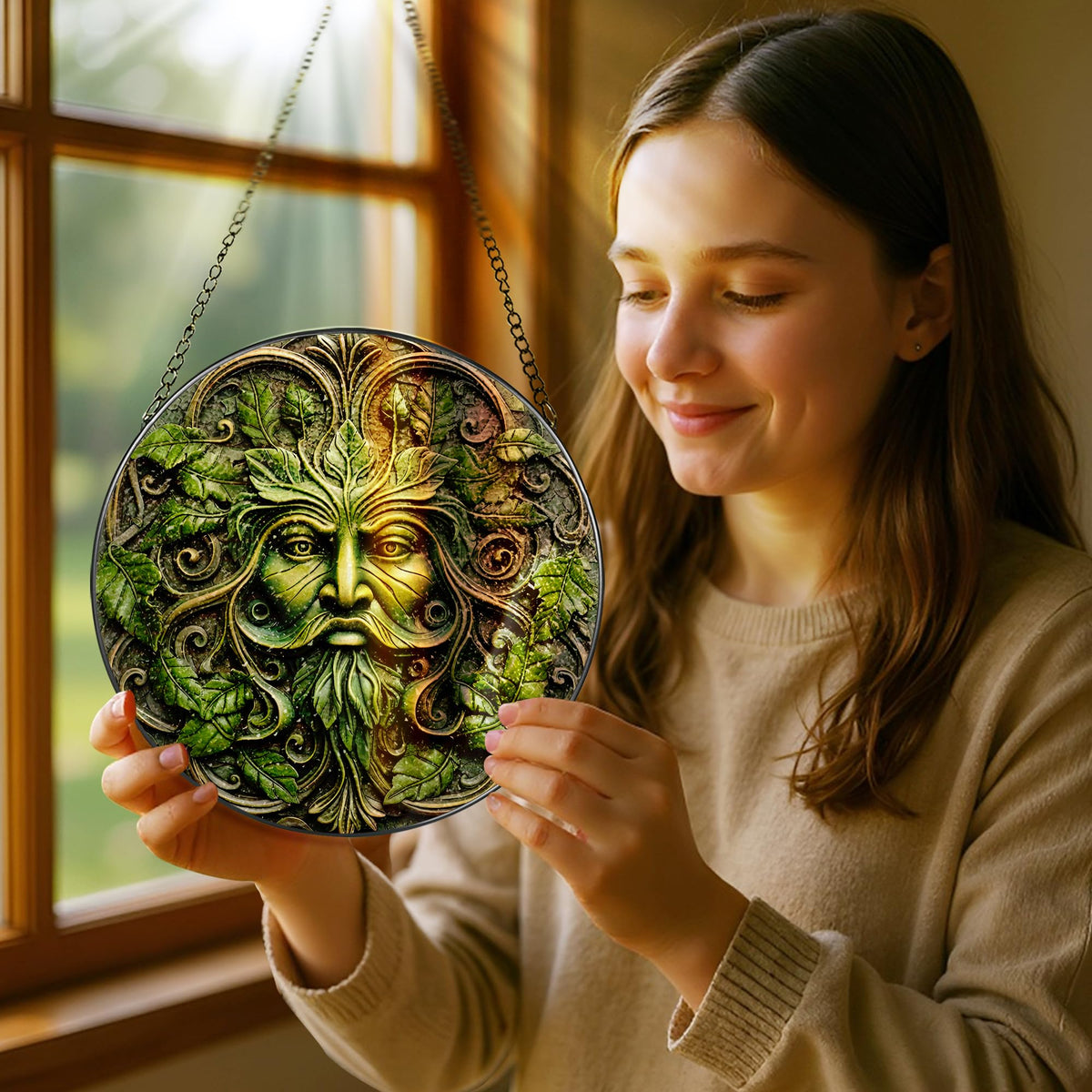 Pauyadu stained-glass window hanging with diamond frame brightens sunny windows