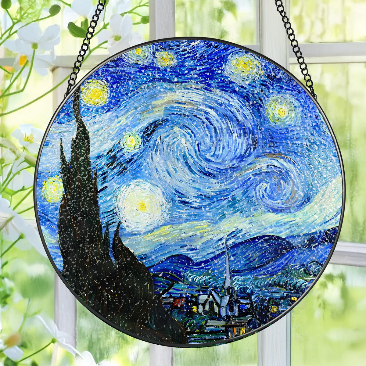 Pauyadu stained-glass window hanging Starry Night with rainbow light for home decor