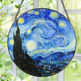 Pauyadu stained-glass window hanging Starry Night with rainbow light for home decor