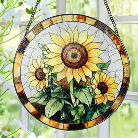 Pauyadu sunflower stained glass suncatcher 8-inch hanging casts rainbow light through sun