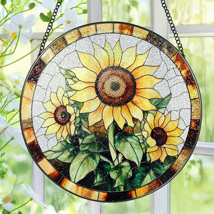 Pauyadu sunflower stained glass suncatcher 8-inch hanging casts rainbow light through sun
