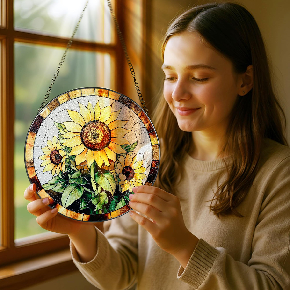 Pauyadu sunflower stained glass window hanging brightens rooms with colorful shimmer