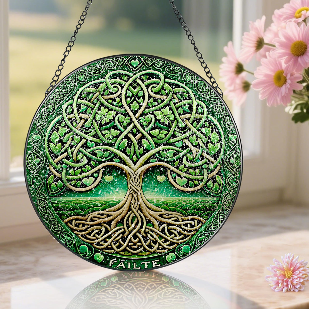 Pauyadu sun catcher hanging reflects light across shelves