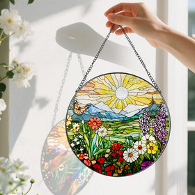 Pauyadu sunlit window display, hanging suncatcher refracts crystal light.