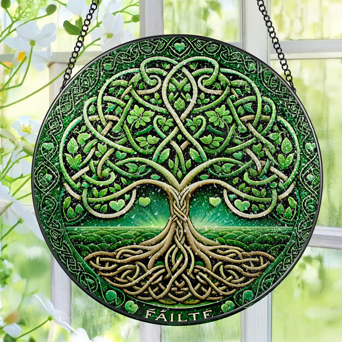 Pauyadu Tree of Life suncatcher 8in close-up shows vibrant rainbow light