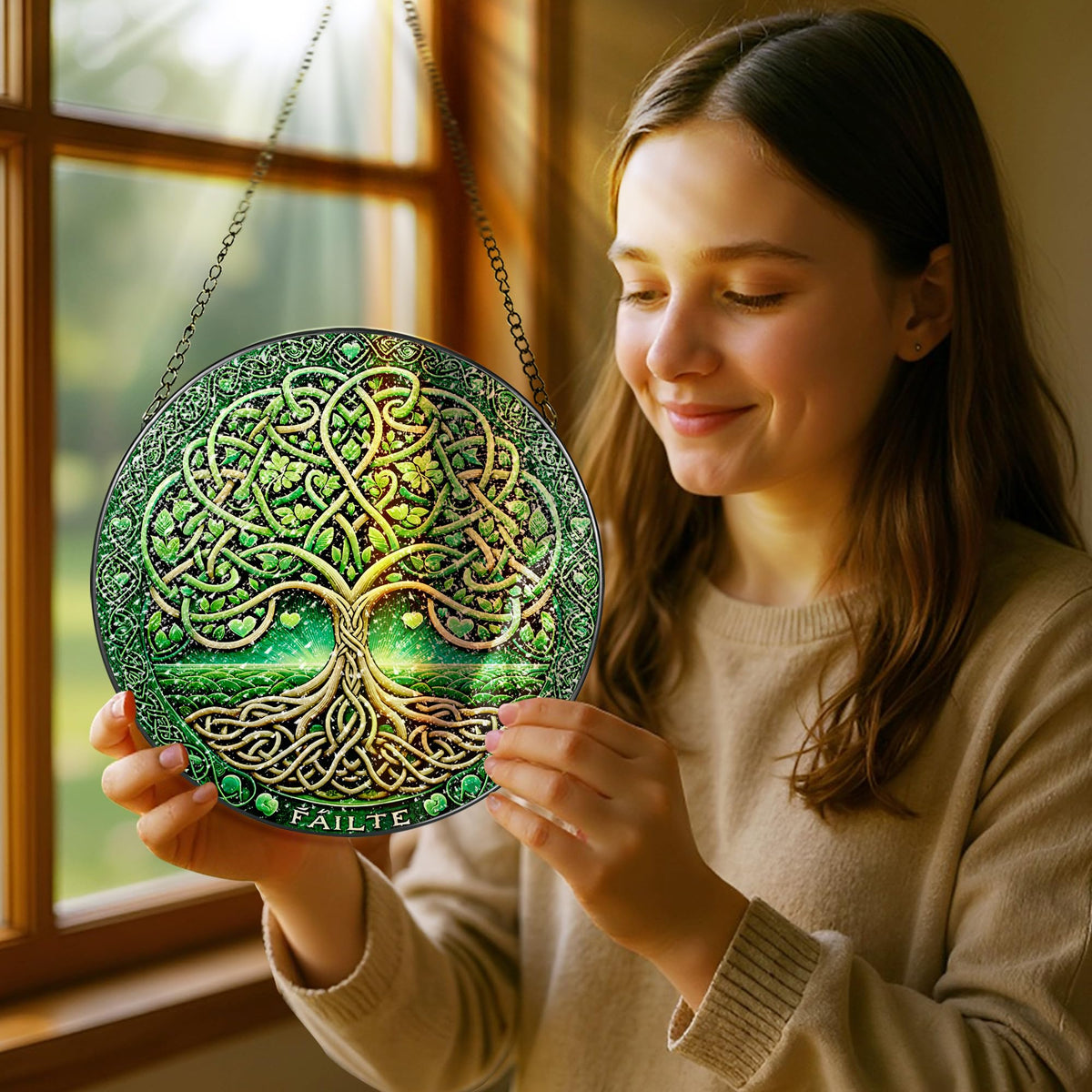 Pauyadu Tree of Life stained glass suncatcher in window display
