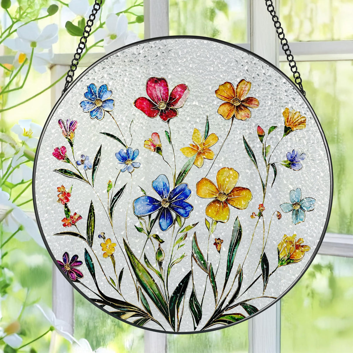 Pauyadu Wildflower stained glass suncatcher 8-inch, captures rainbow light in sunlit windows