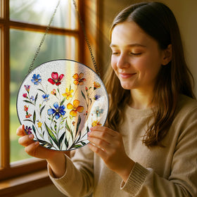 Pauyadu Wildflower stained glass suncatcher closeup emphasizes vibrant color details