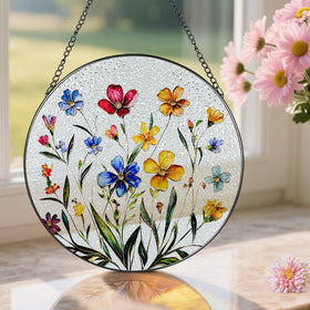 Pauyadu Wildflower stained glass suncatcher with metal frame and chain
