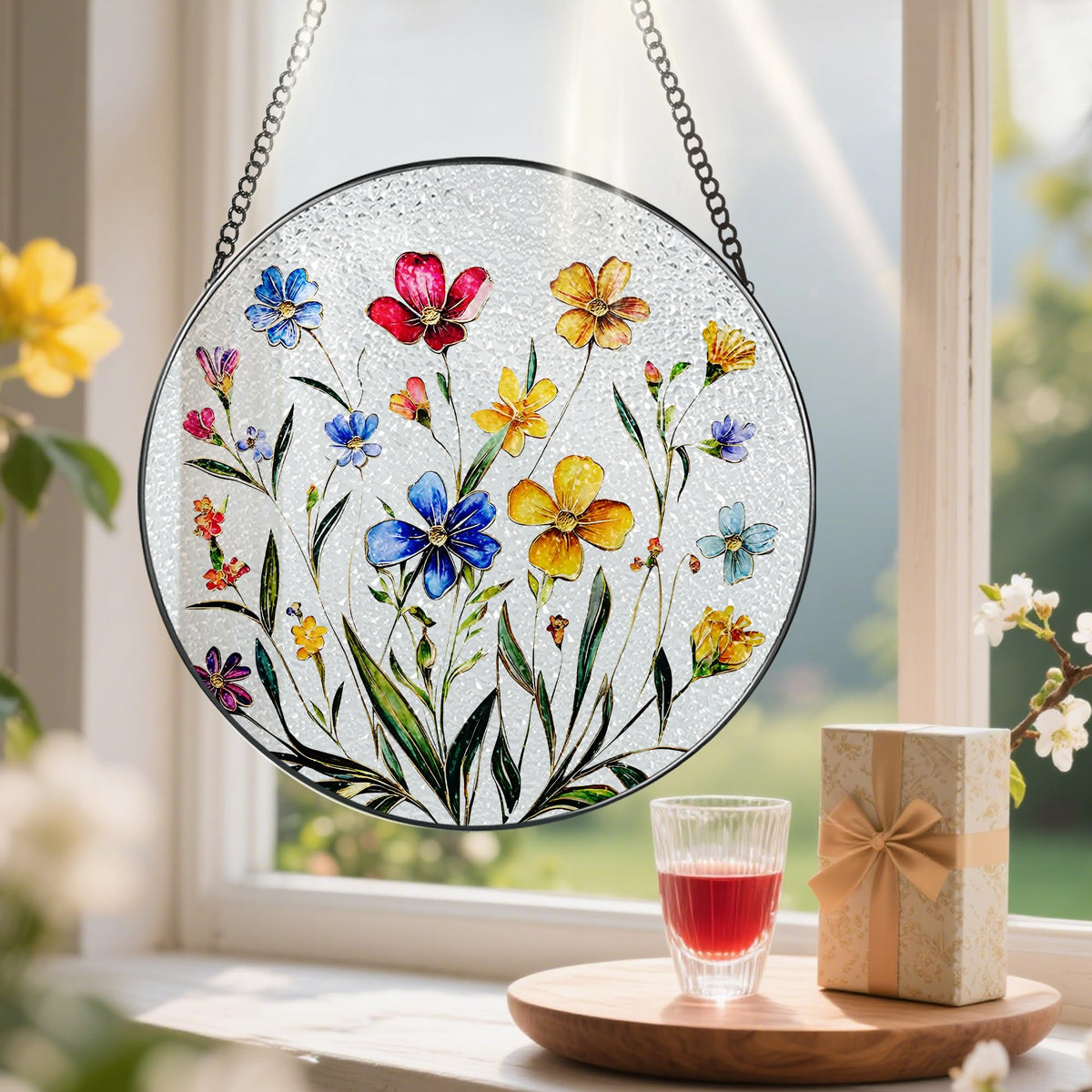 Pauyadu Wildflower stained glass suncatcher on shelf, decorative and colorful