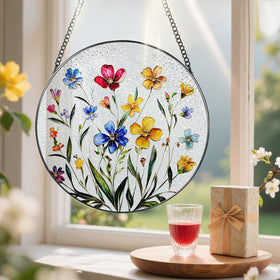 Pauyadu Wildflower stained glass suncatcher on shelf, decorative and colorful