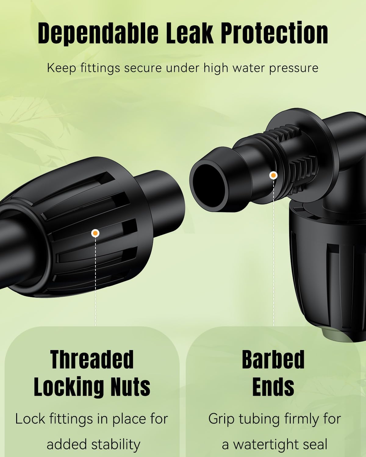 Pawfly 1/2in tubing connectors compatible with standard irrigation lines.