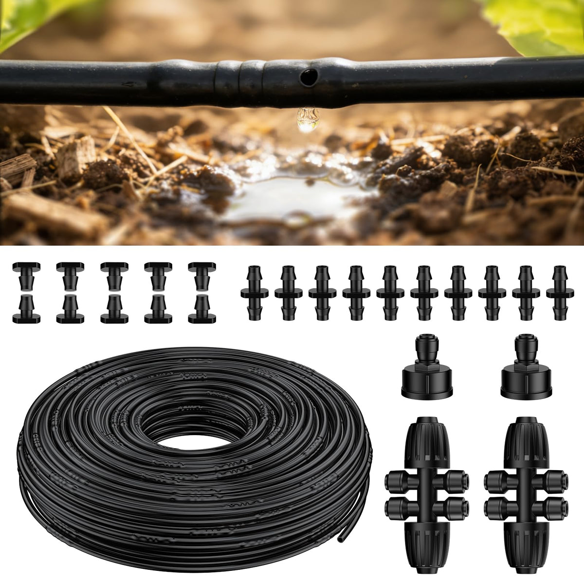Pawfly 200ft drip tubing with built-in emitters for even irrigation.